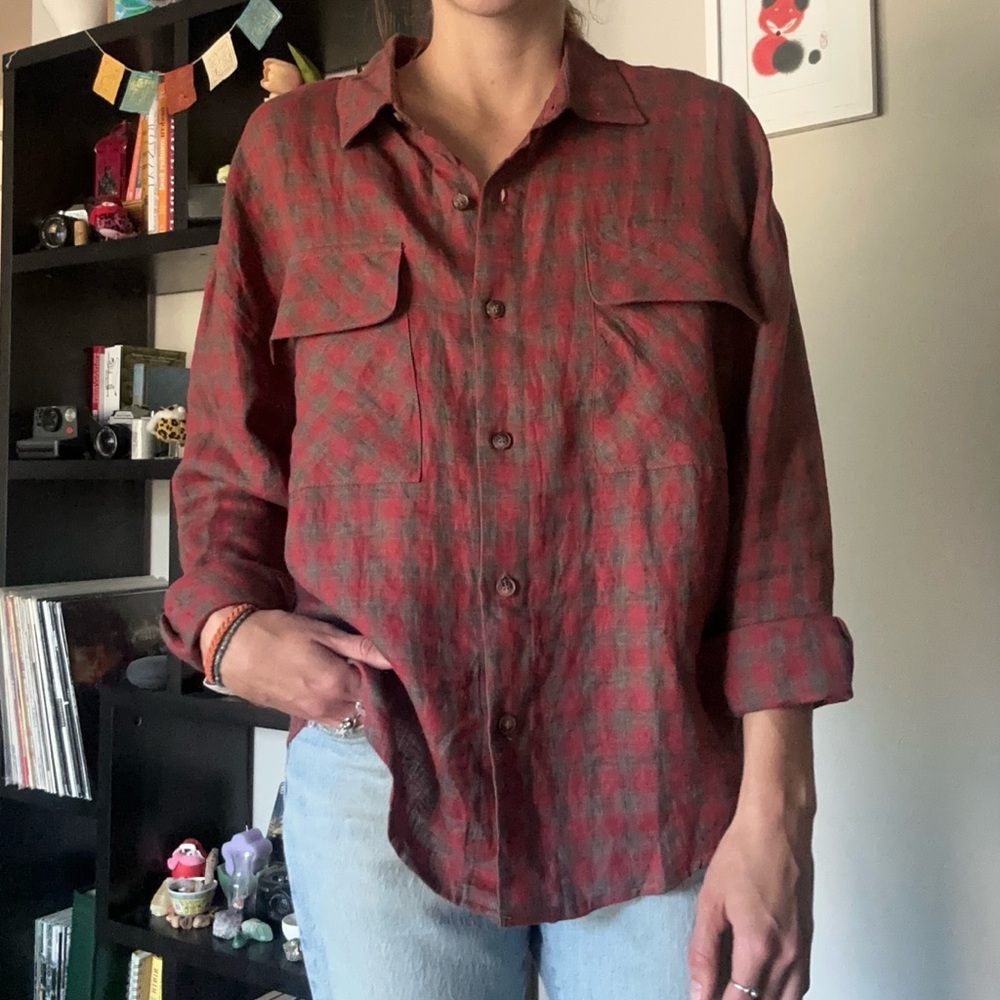 Linen Plaid Button Up Top